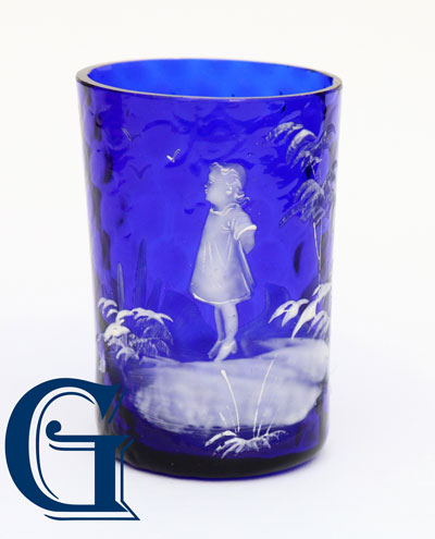 cobalt blue glass Mary Gregory drinking glass